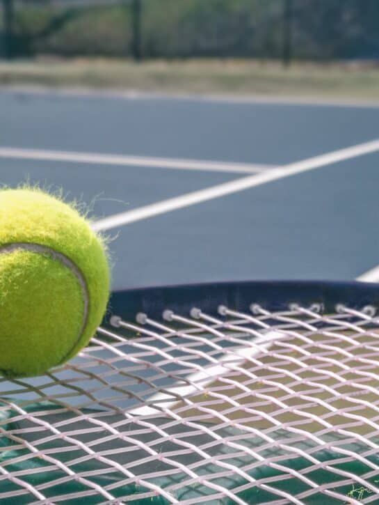 Tennis court panorama background with blue racket and two tennis balls ready to play match on outdoor courts summer sport lifestyle. Mobile photo picture.